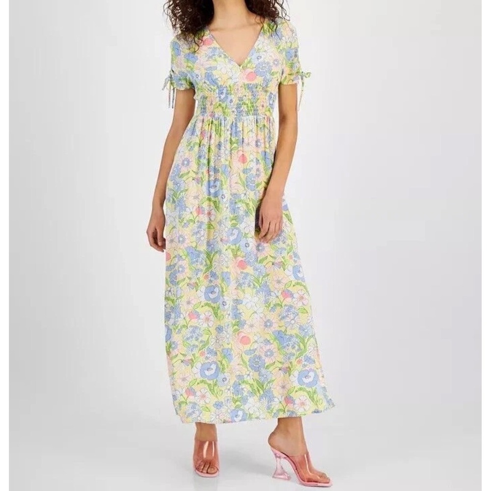 Bar III Maxi Dress Womens Large Yellow Floral Smocked Waist Rayon Side Slit Boho